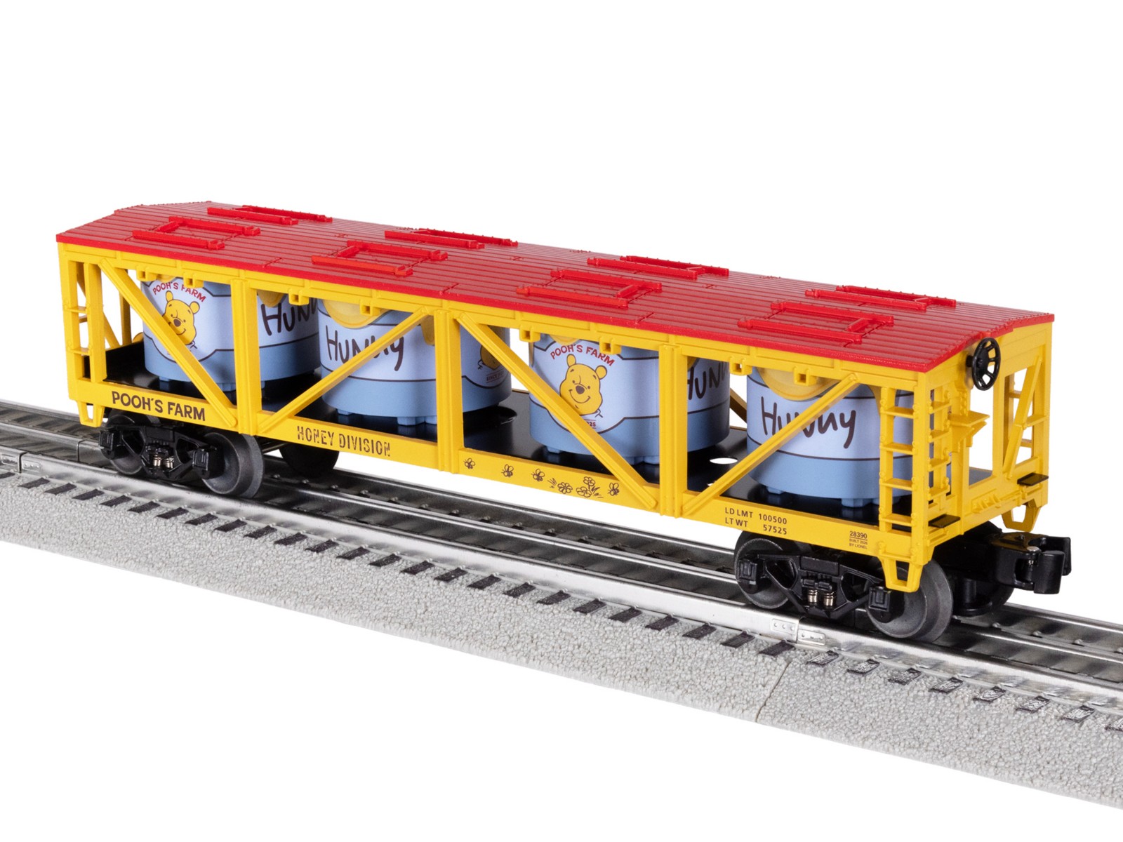 Angled view of the Winnie the Pooh Lionel boxcar