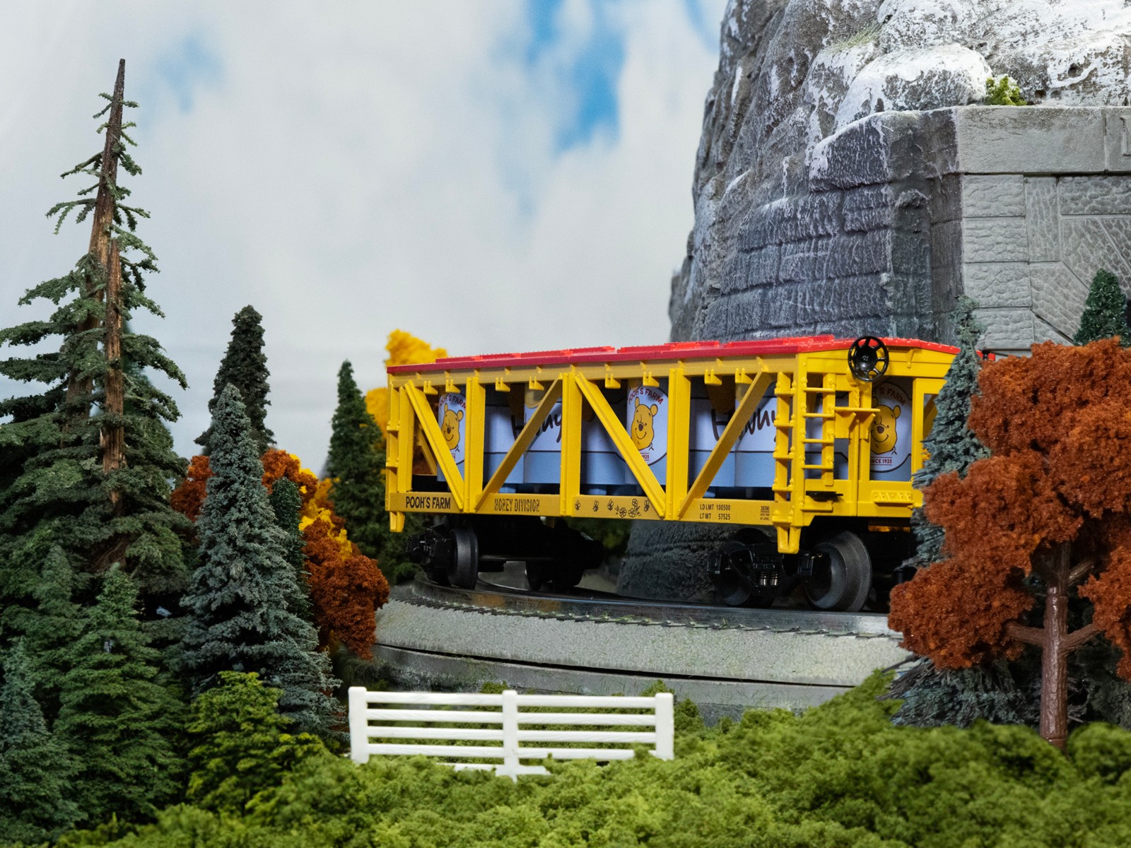 Close view of the Pooh's Farm boxcar artwork