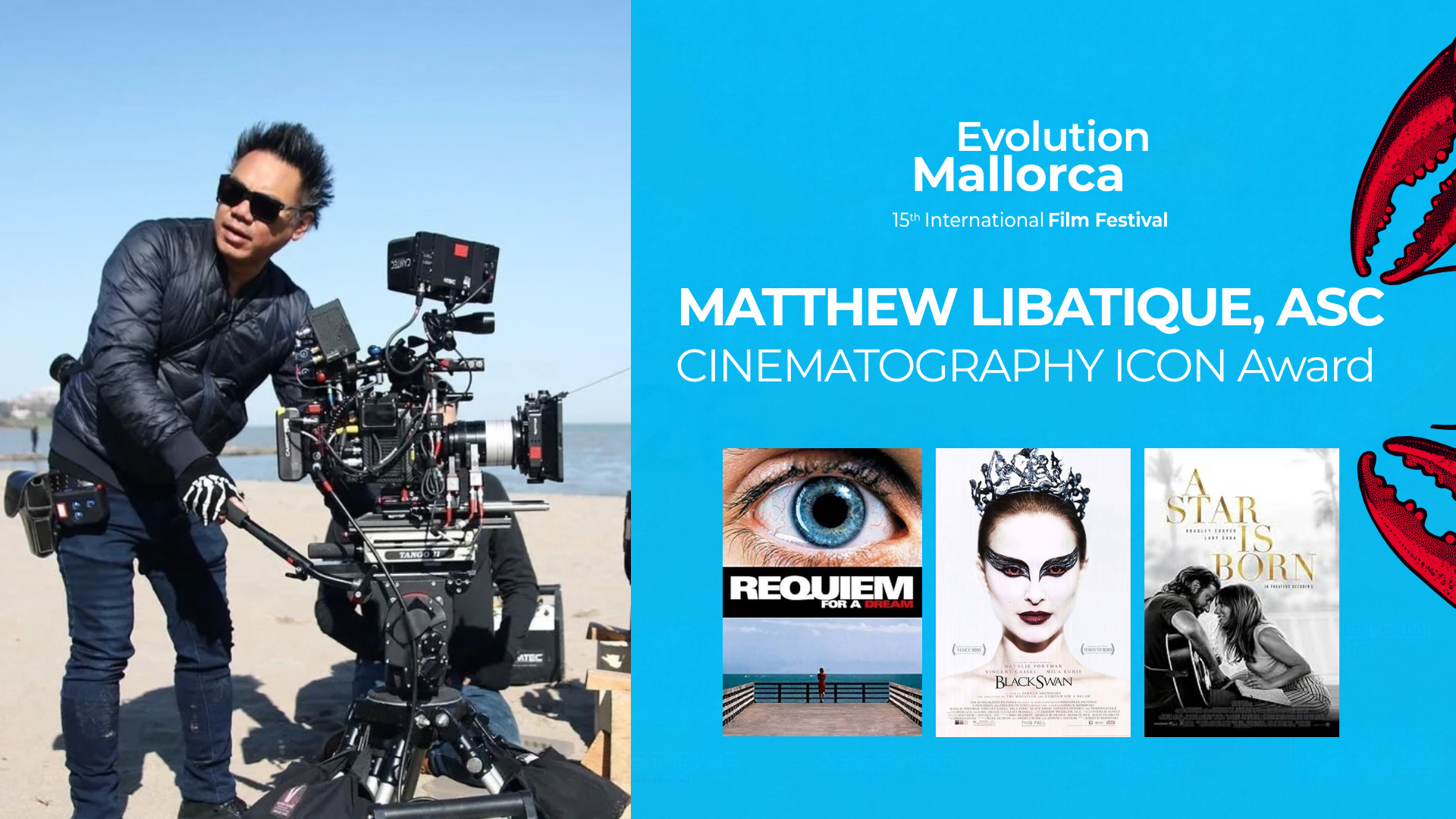 Matthew Libatique beside a cinema camera in Evolution Mallorca festival artwork