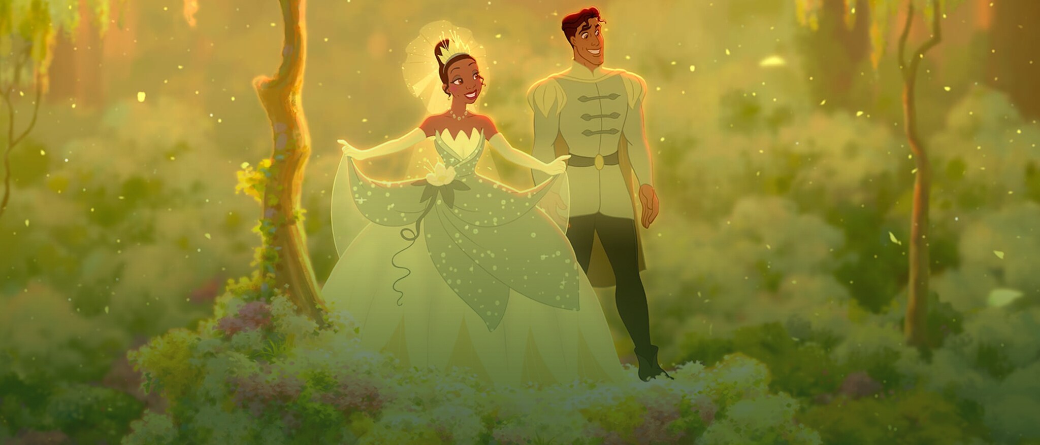 Tiana and Naveen stand together in official artwork from the 2009 film The Princess and the Frog