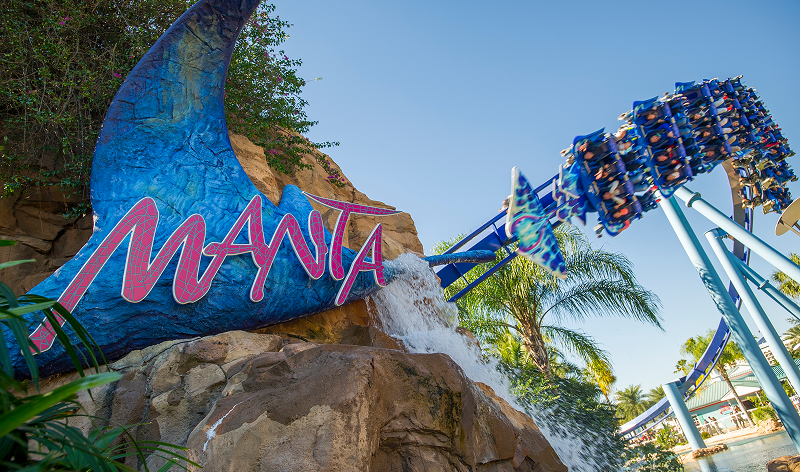 Manta roller coaster and entrance sign at SeaWorld Orlando