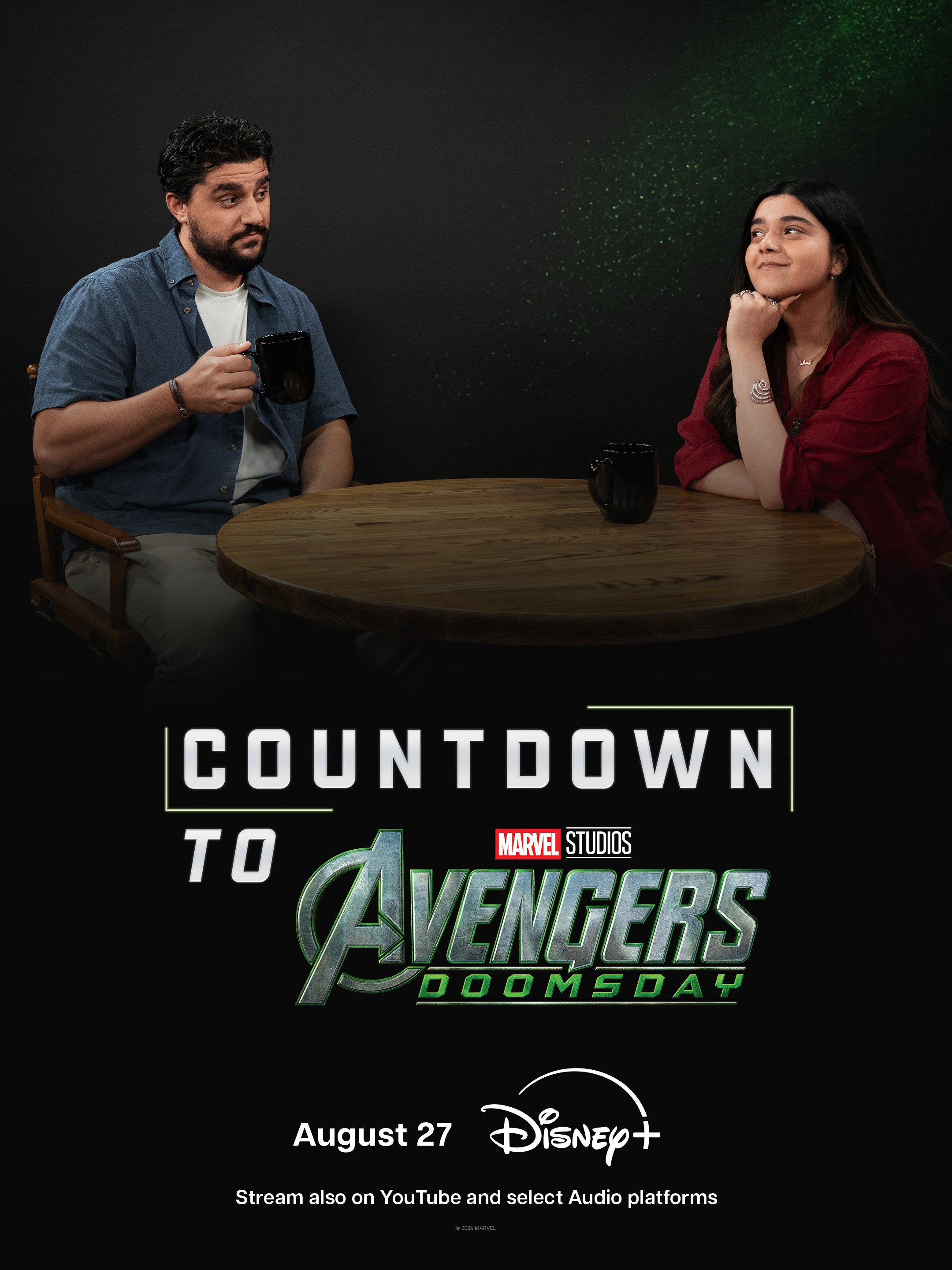 Iman Vellani and Frank Alvarez beside the Countdown to Avengers: Doomsday logo in Marvel's official podcast announcement image