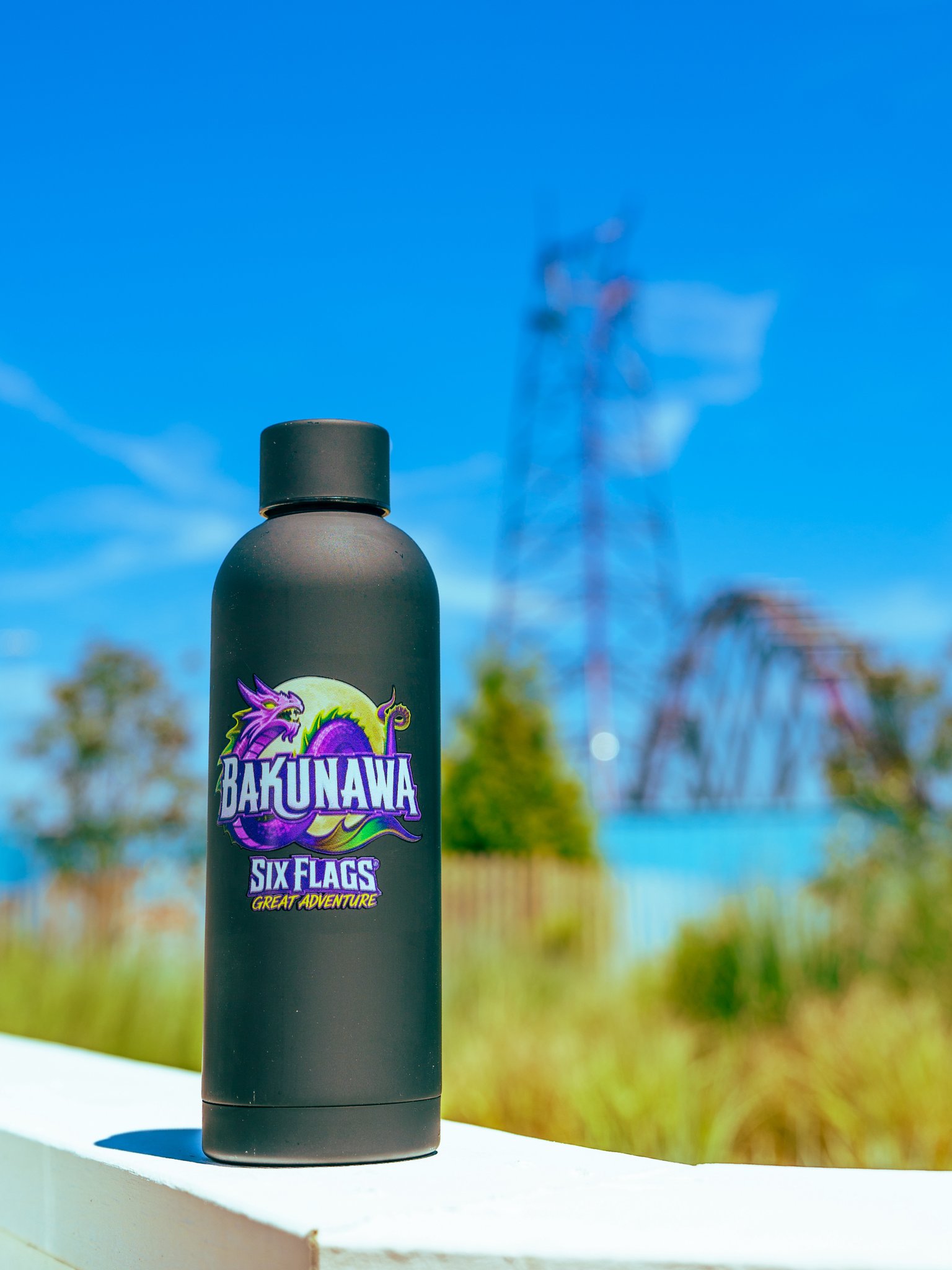 Black insulated bottle with the purple and green Bakunawa logo