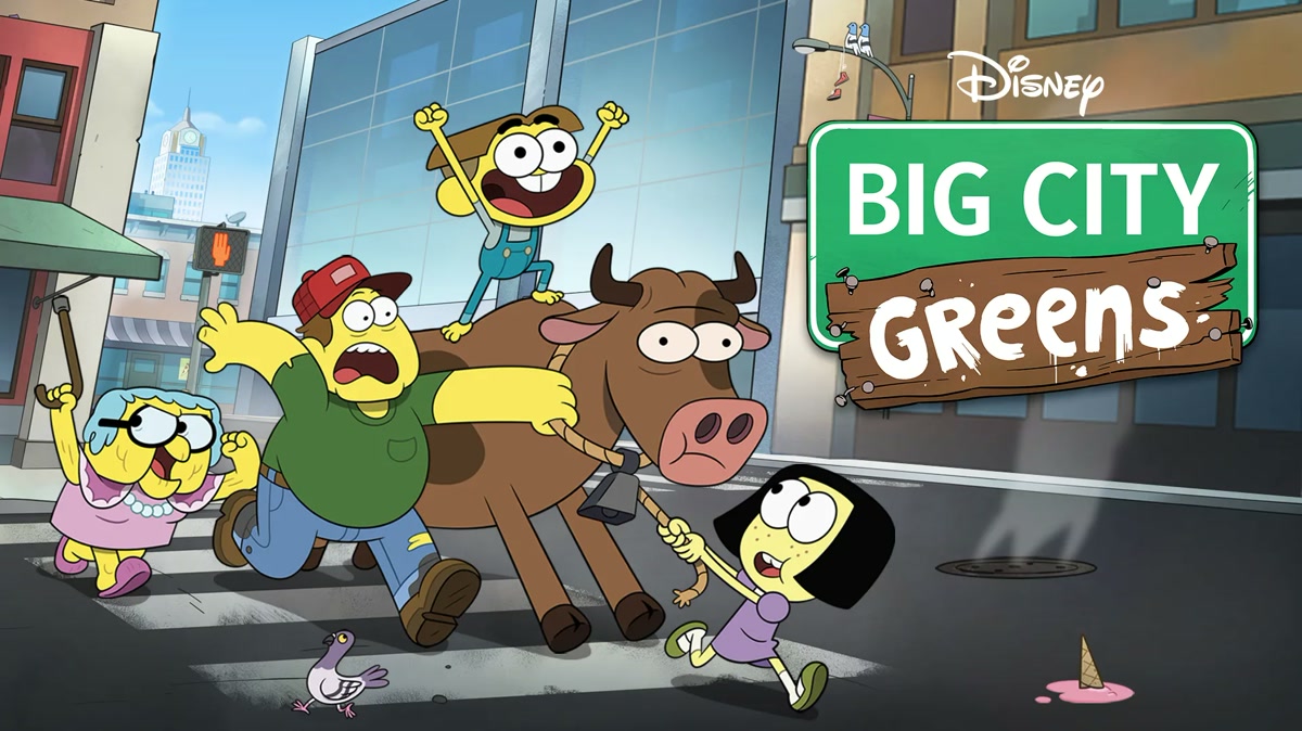 Big City Greens characters run through a city street beneath the series sign