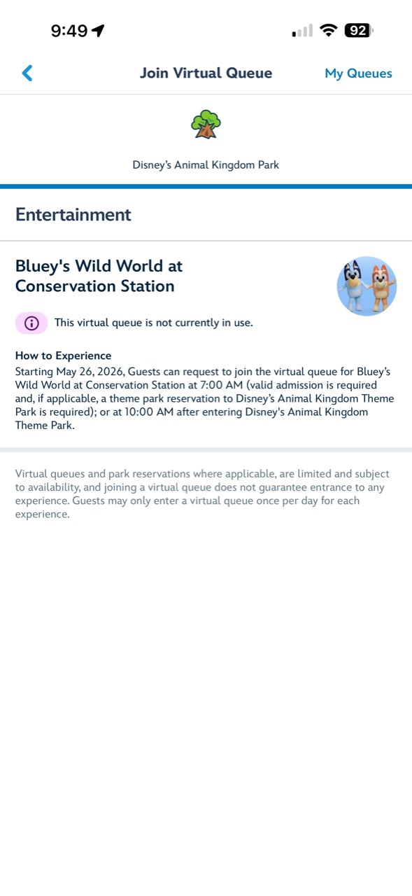 My Disney Experience virtual queue screen for Bluey's Wild World at Conservation Station