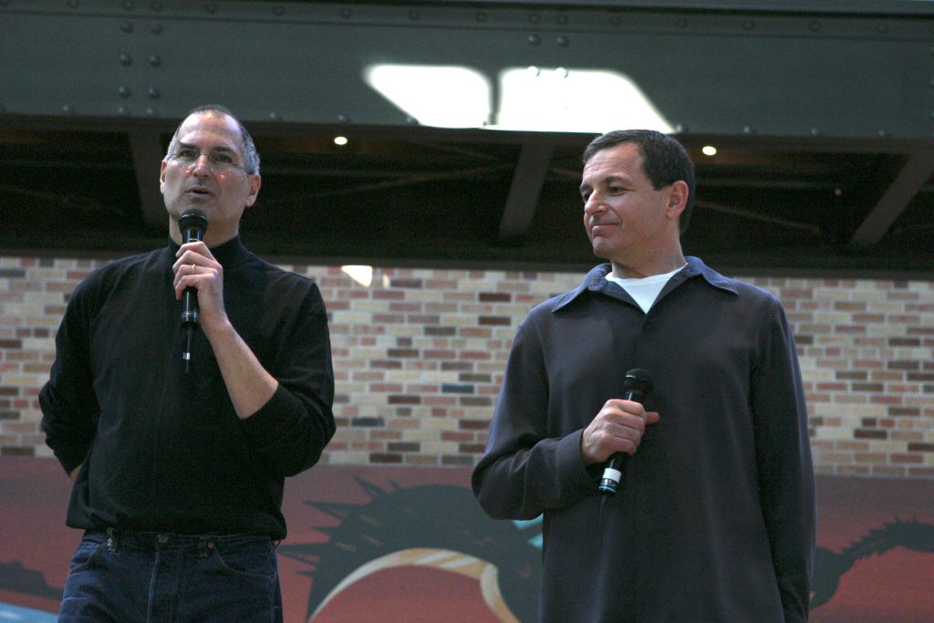 Steve Jobs and Bob Iger speak at the Disney and Pixar acquisition announcement