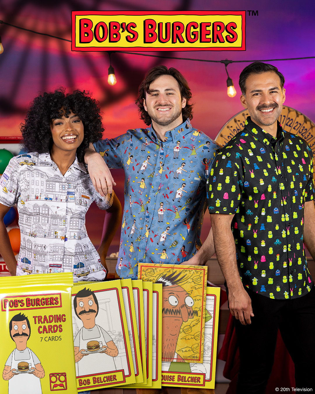 Models wearing Bob's Burgers RSVLTS shirts beside limited trading cards