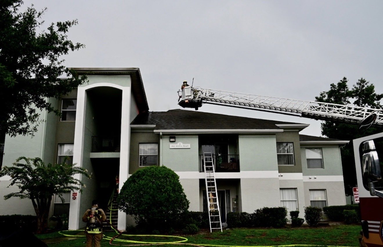 Orange County Fire Rescue ladder truck at Buena Vista Place Apartments