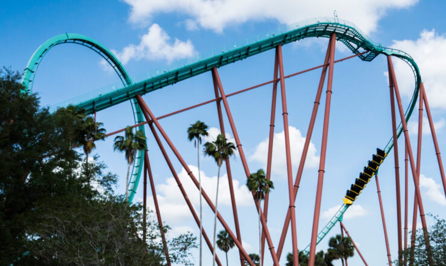 Kumba train climbing through the green track and red supports at Busch Gardens Tampa Bay