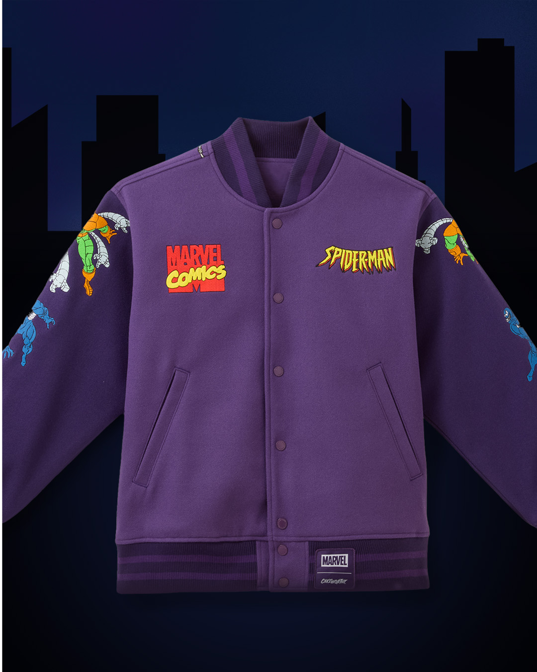 Front of the purple Cakeworthy Spider-Man jacket with Marvel Comics and Spider-Man patches