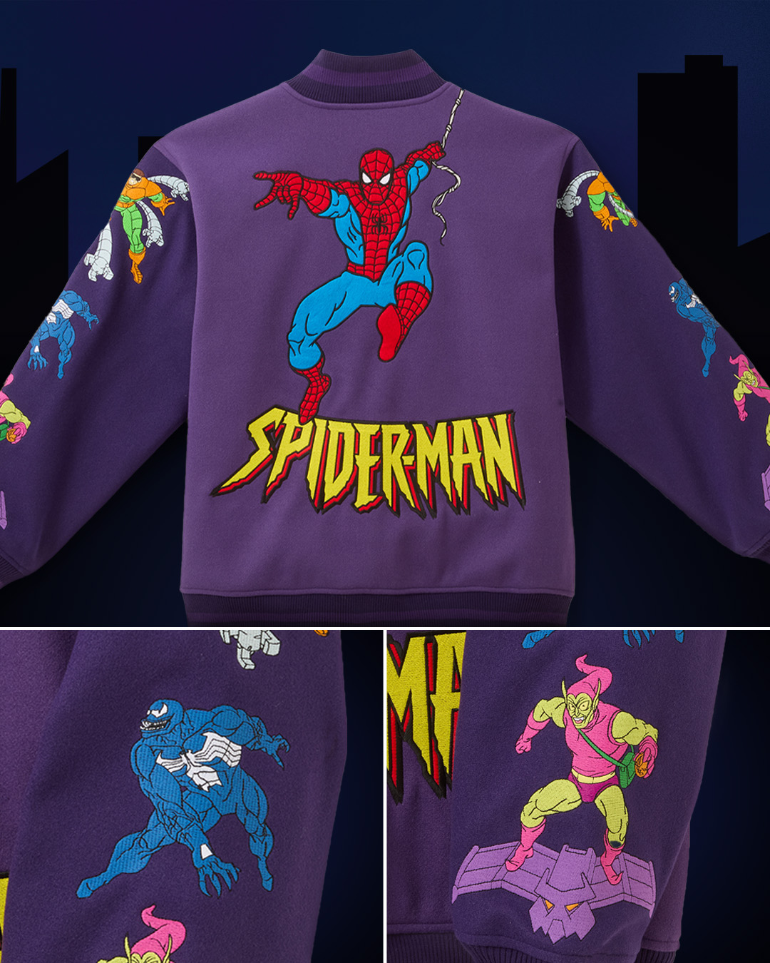 Back of a purple Cakeworthy Spider-Man jacket with retro Marvel Comics artwork