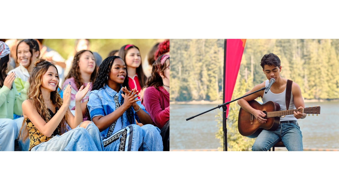 Sage watches from the audience while Fletch performs with a guitar in Camp Rock 3
