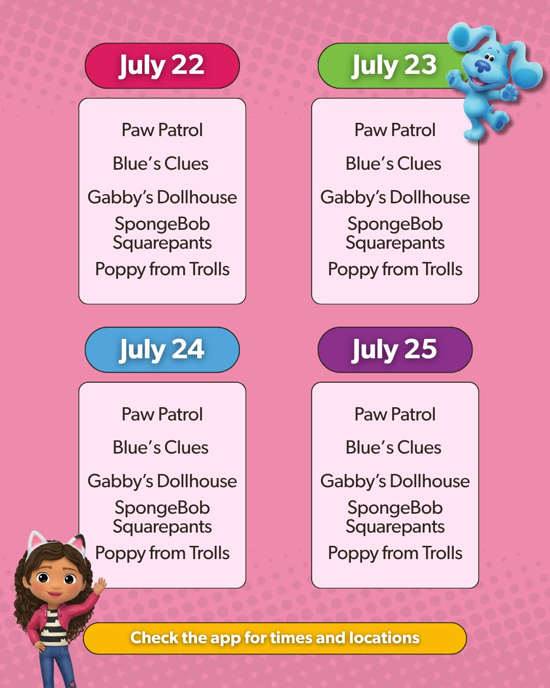 KidZfest character lineup for July 22 through July 25