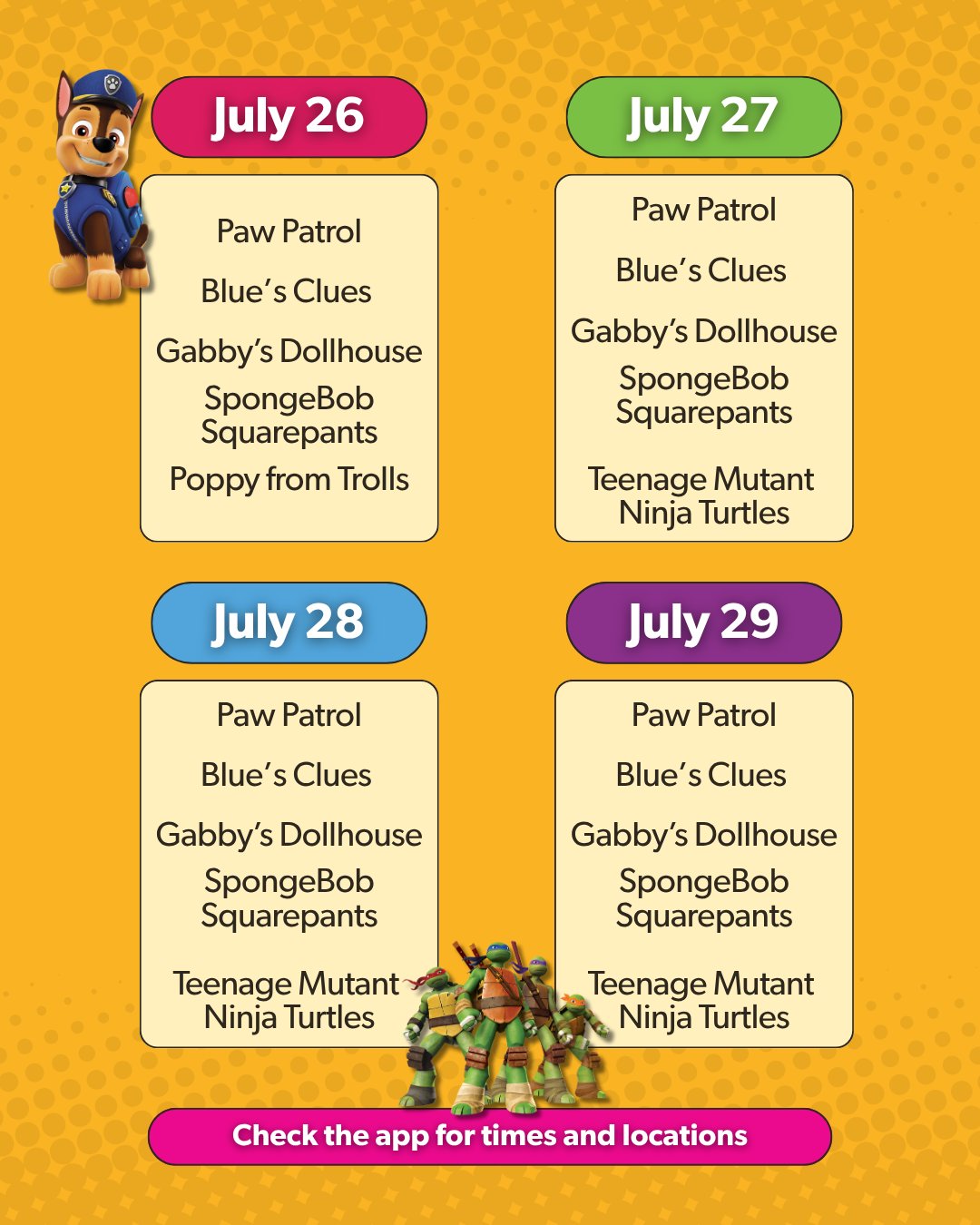KidZfest character lineup for July 26 through July 29