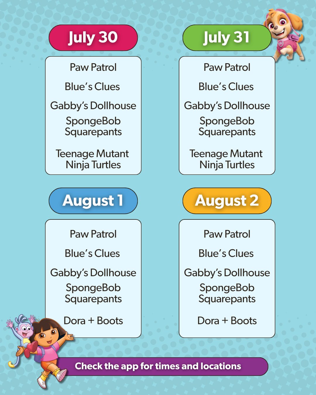 KidZfest character lineup for July 30 through August 2