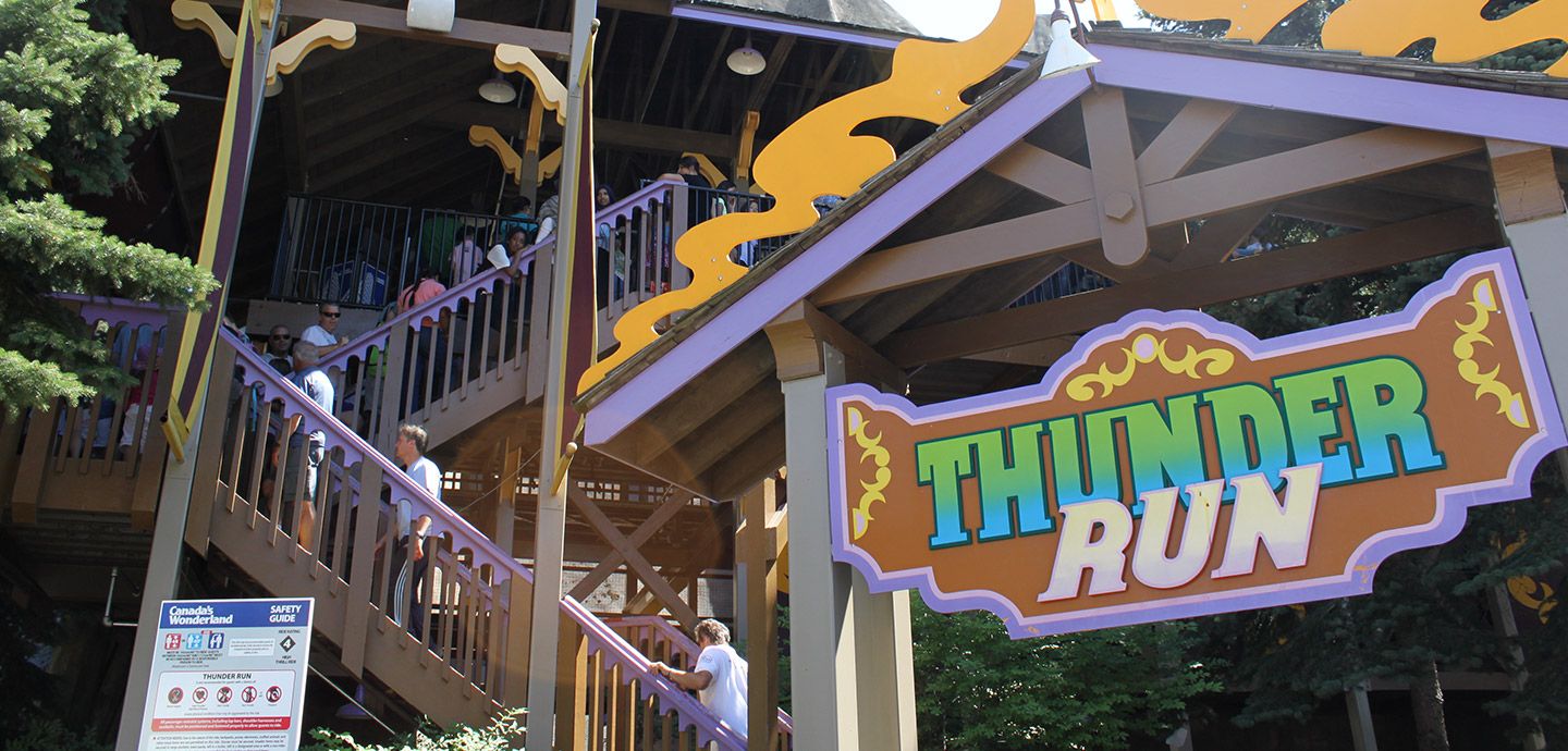 The Thunder Run sign and ride entrance at Canada's Wonderland