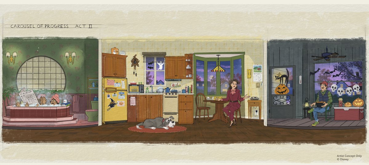 Disney concept art for the Carousel of Progress 1980s Halloween scene