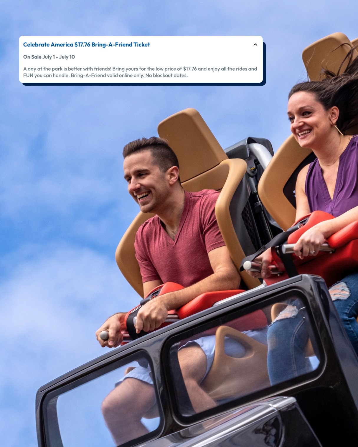 Carowinds July Perks and Play graphic for a $17.76 Celebrate America Bring-A-Friend ticket