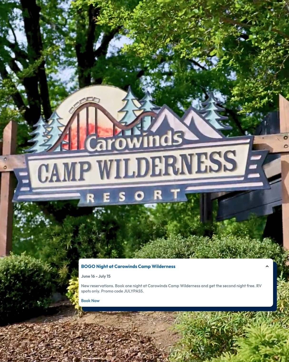 Carowinds July Perks and Play graphic for a BOGO night at Carowinds Camp Wilderness