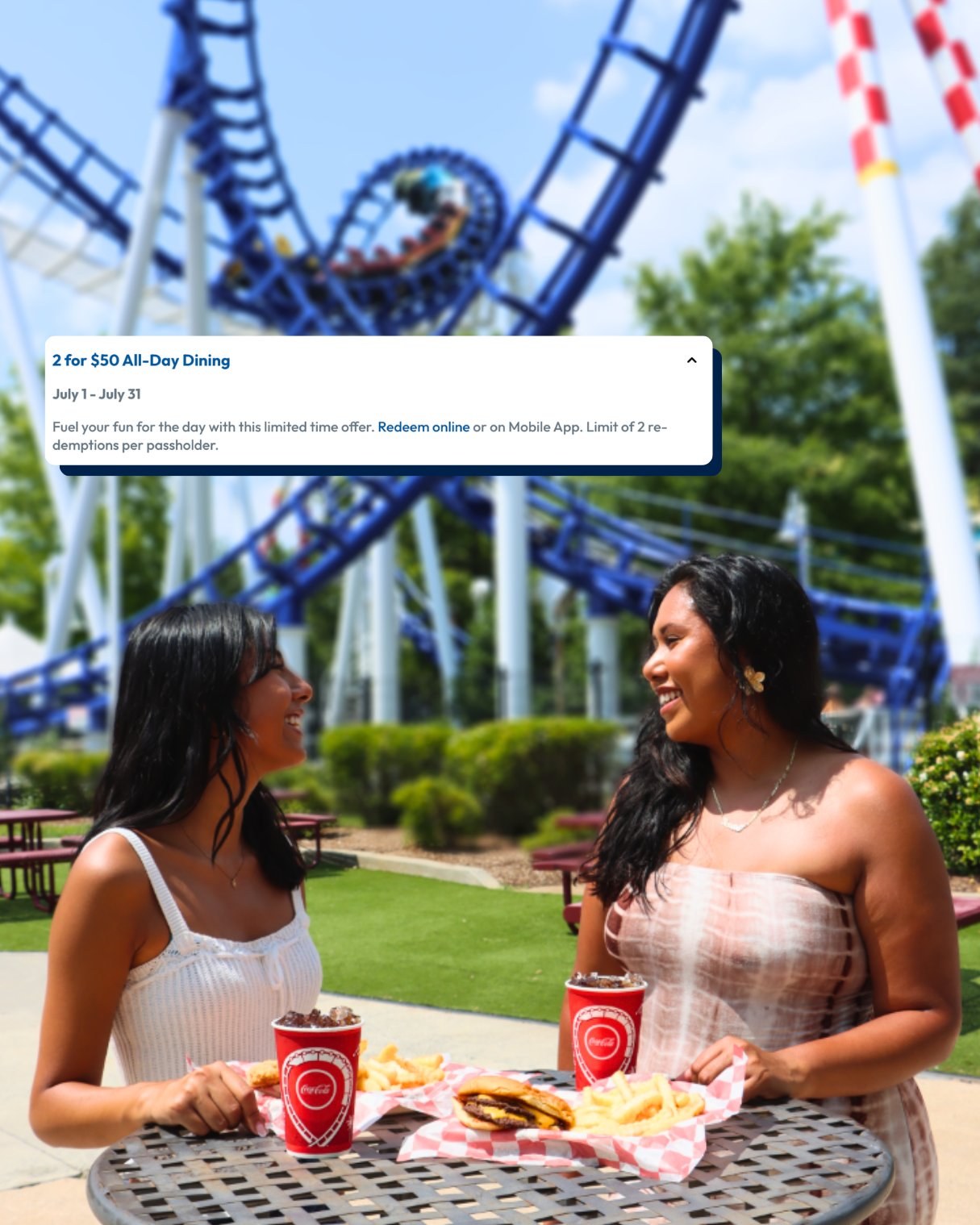 Carowinds July Perks and Play graphic for two All-Day Dining deals for $50