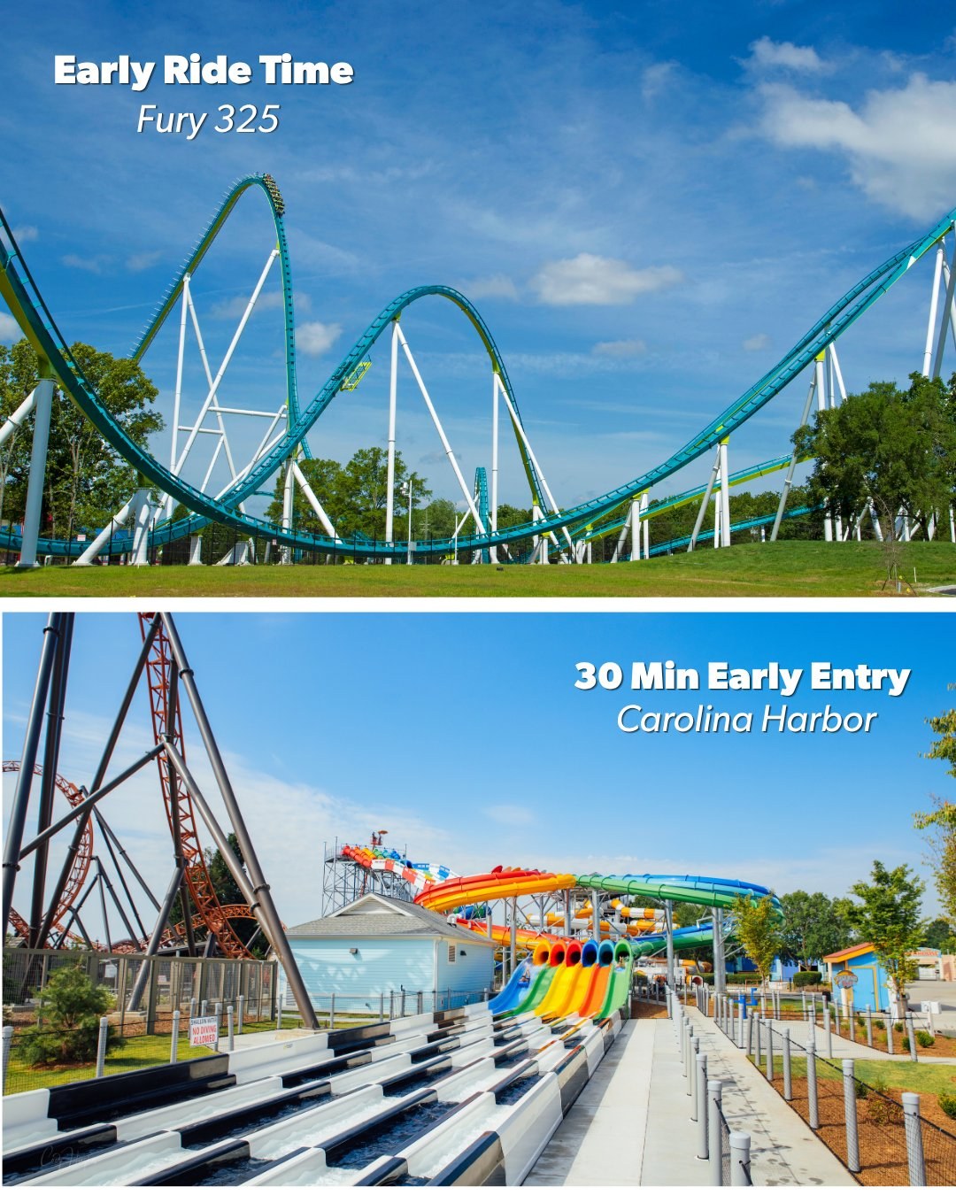 Carowinds July Perks and Play graphic showing Fury 325 early ride time and Carolina Harbor early entry