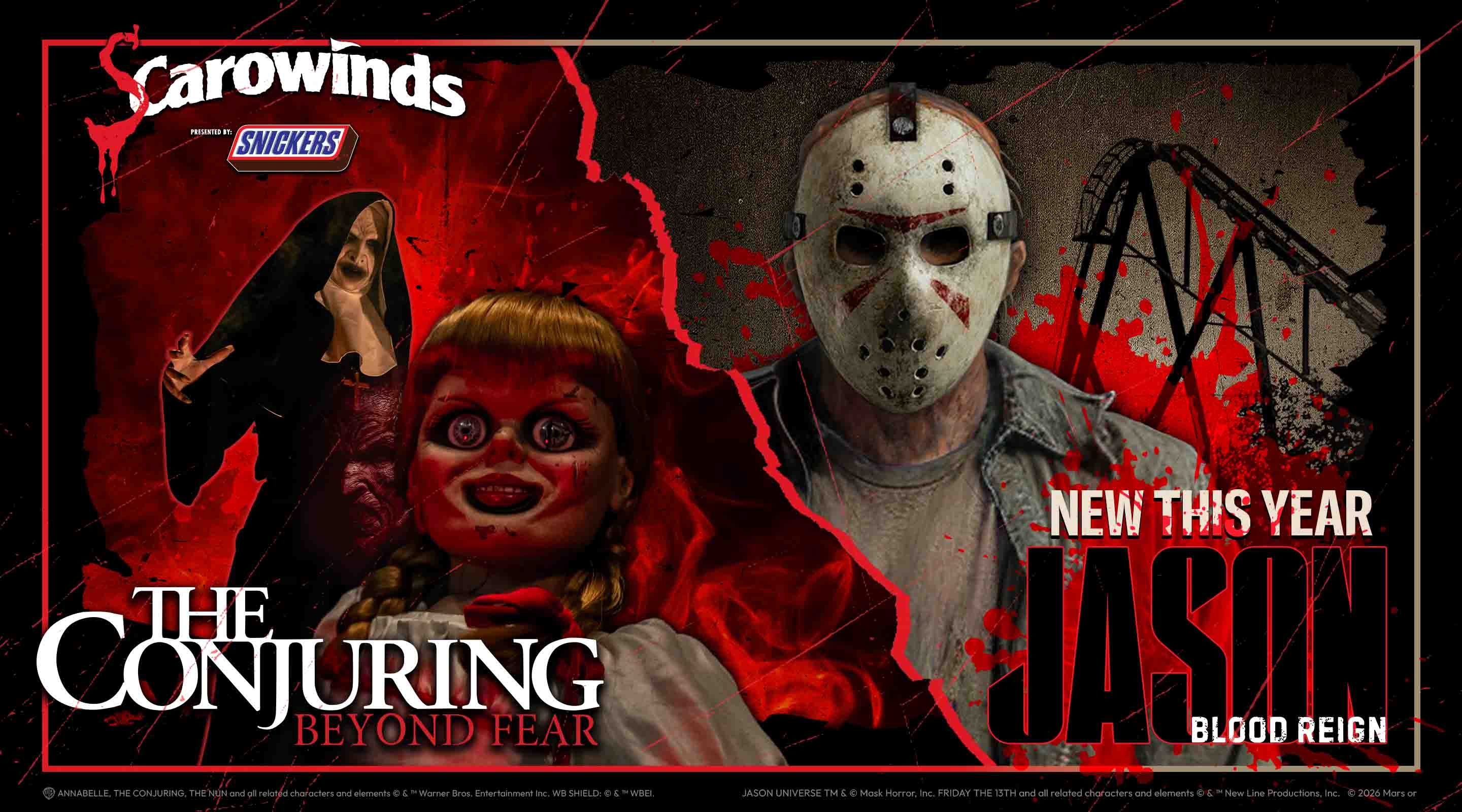 SCarowinds promotional graphic featuring The Conjuring: Beyond Fear and Jason: Blood Reign