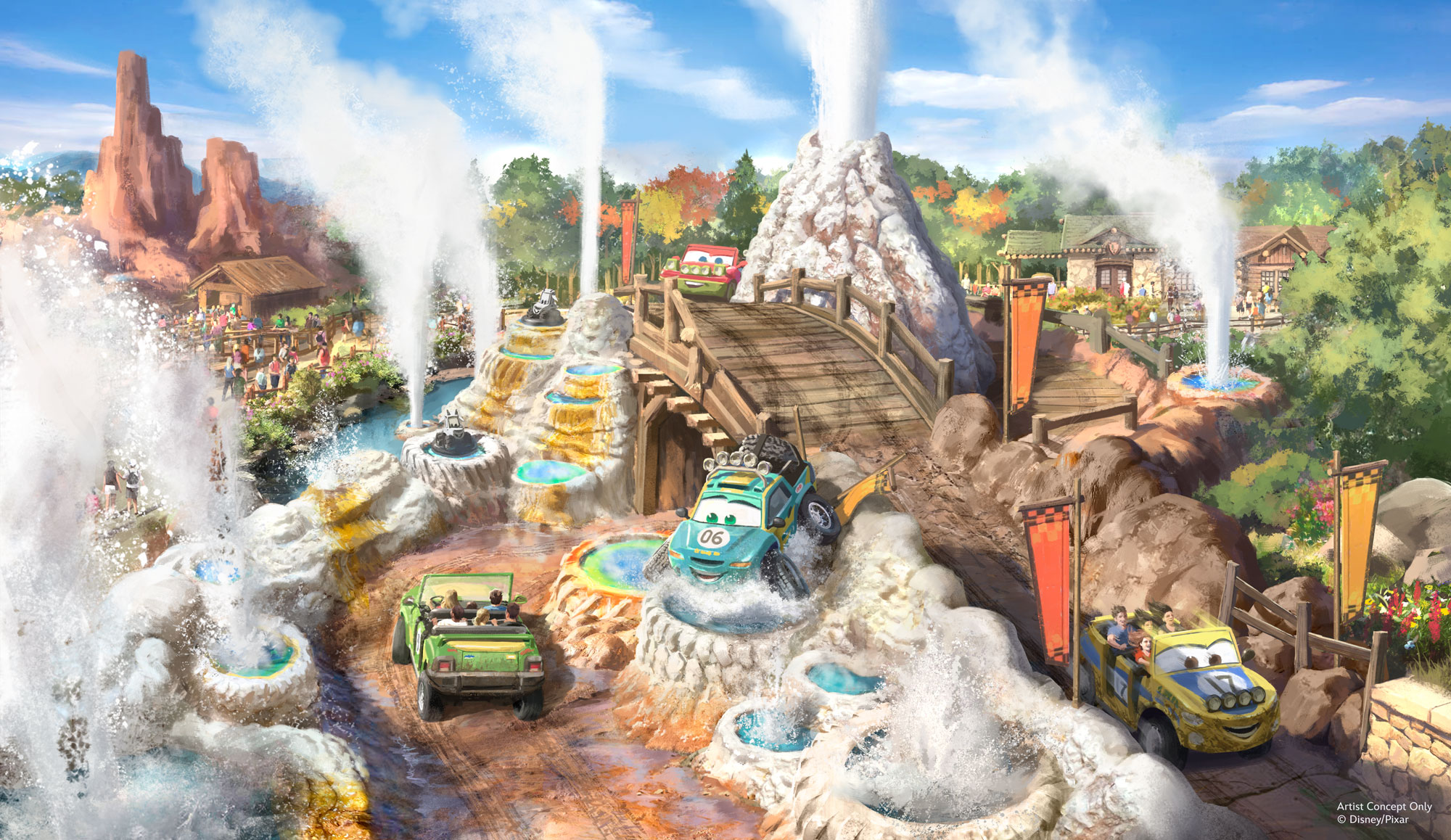 Cars Ridge Run Rally vehicles navigating geysers and wooden ramps