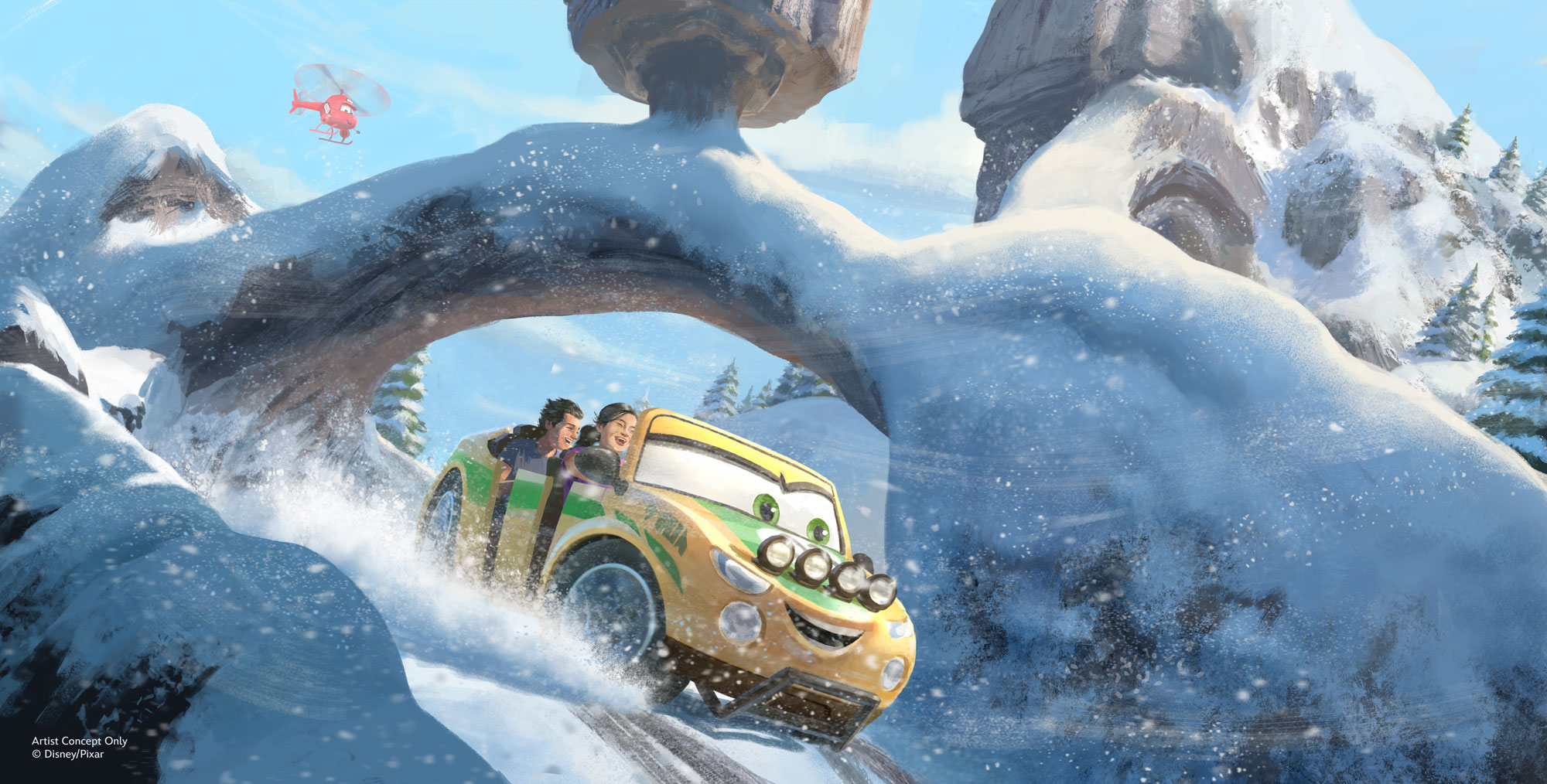 Red helicopter character above the snowy Piston Peak mountain in official Disney and Pixar concept art