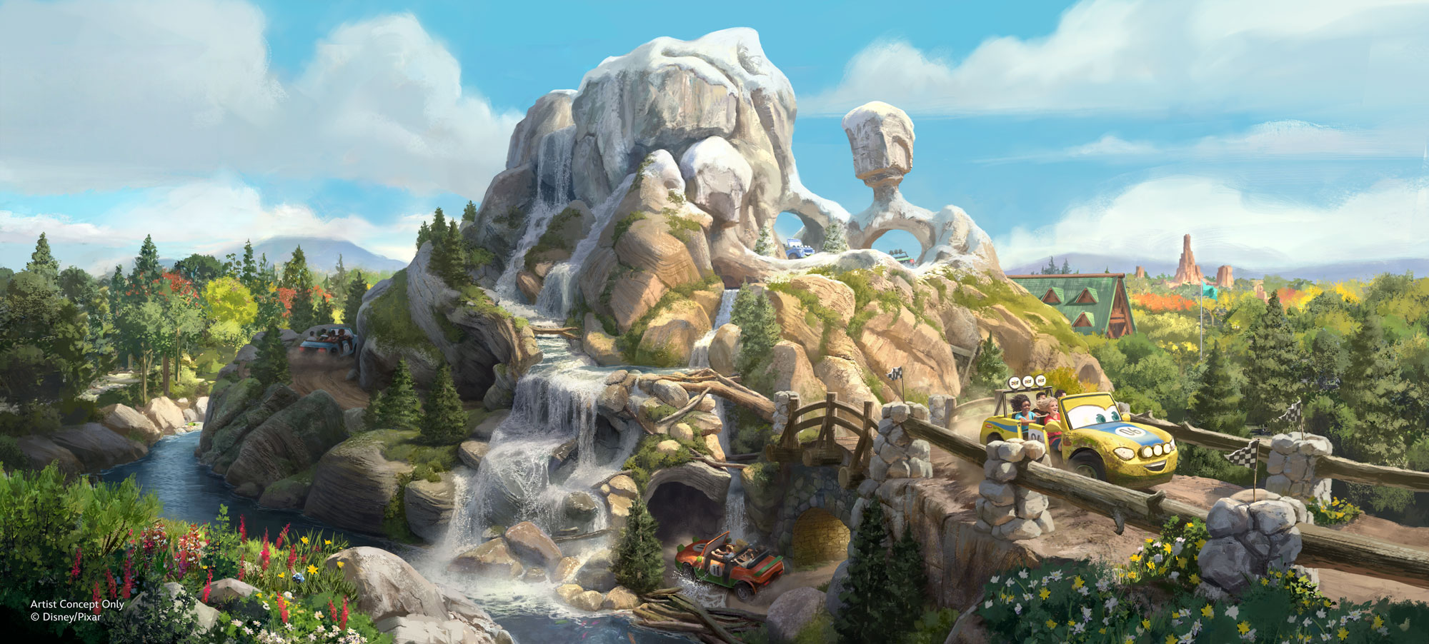 Cars Ridge Run Rally vehicles racing through a mountain landscape with waterfalls