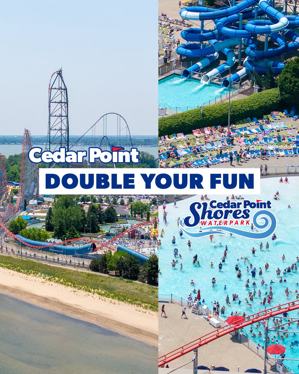 Cedar Point and Cedar Point Shores flash sale artwork with coasters, slides, and water park pools
