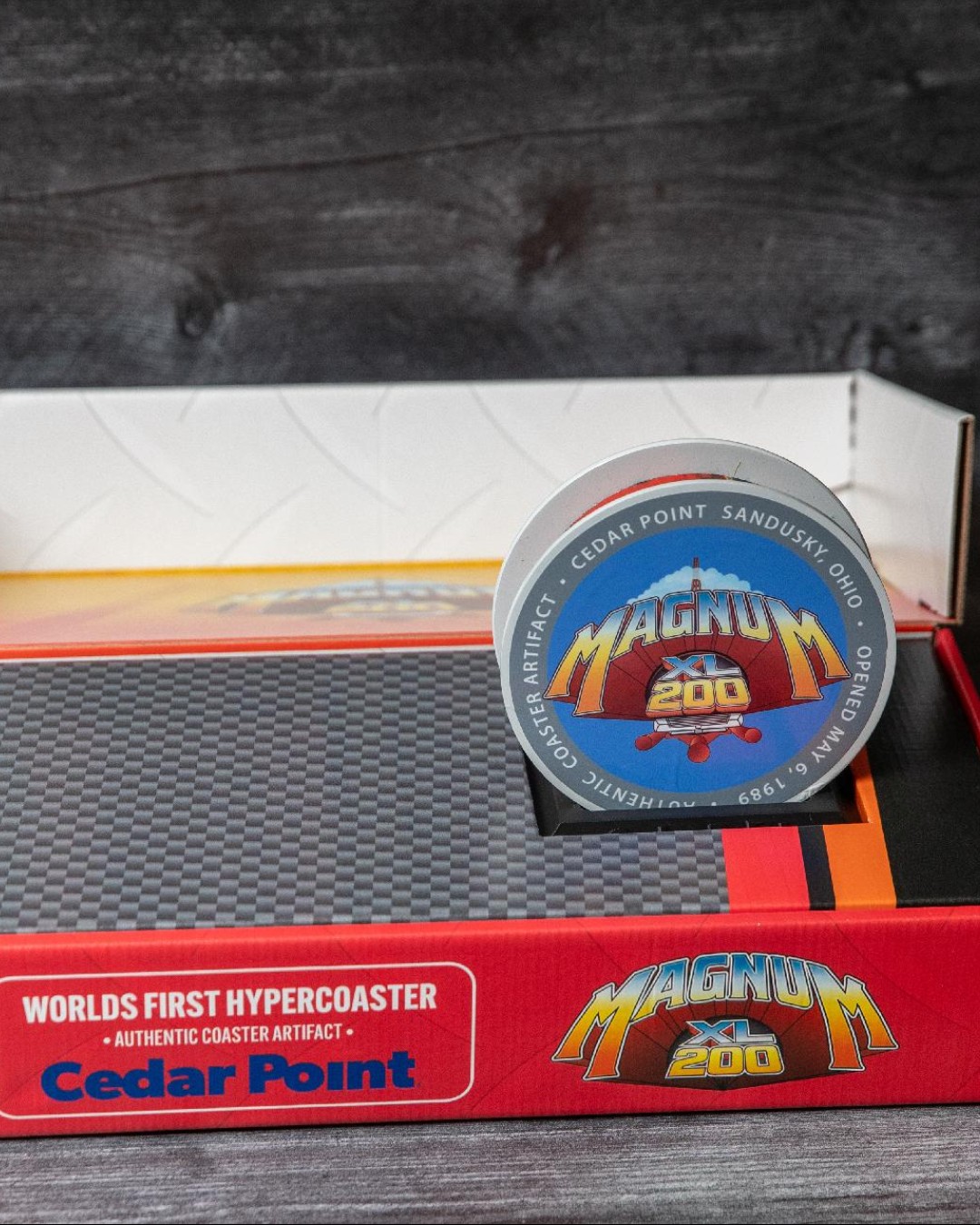 Magnum XL-200 track slice display piece inside its red Cedar Point retail box