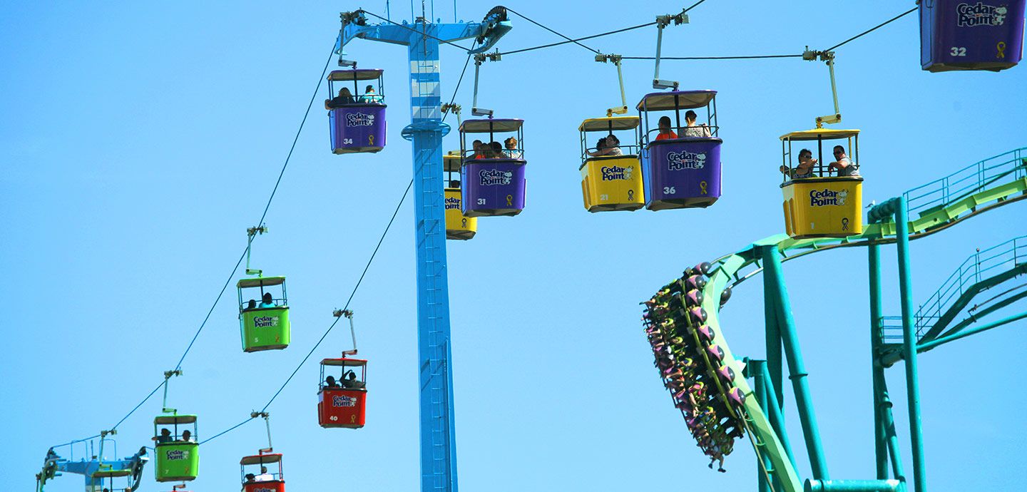 Colorful Cedar Point Sky Ride gondolas above the Main Midway