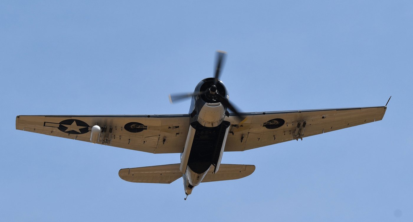 A small airplane flies past the Cedar Point shoreline
