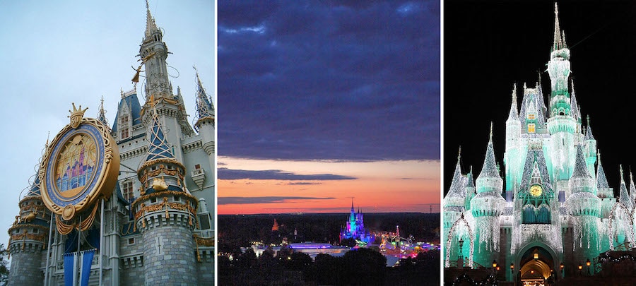 Cinderella Castle history collage with the former holiday Dream Lights look at right