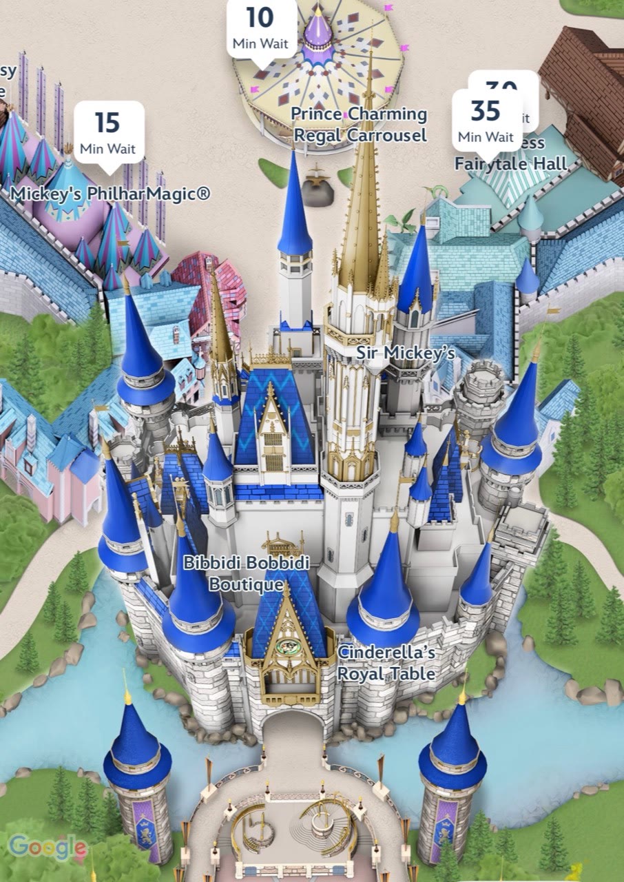 Close view of Cinderella Castle's updated paint scheme on the My Disney Experience map