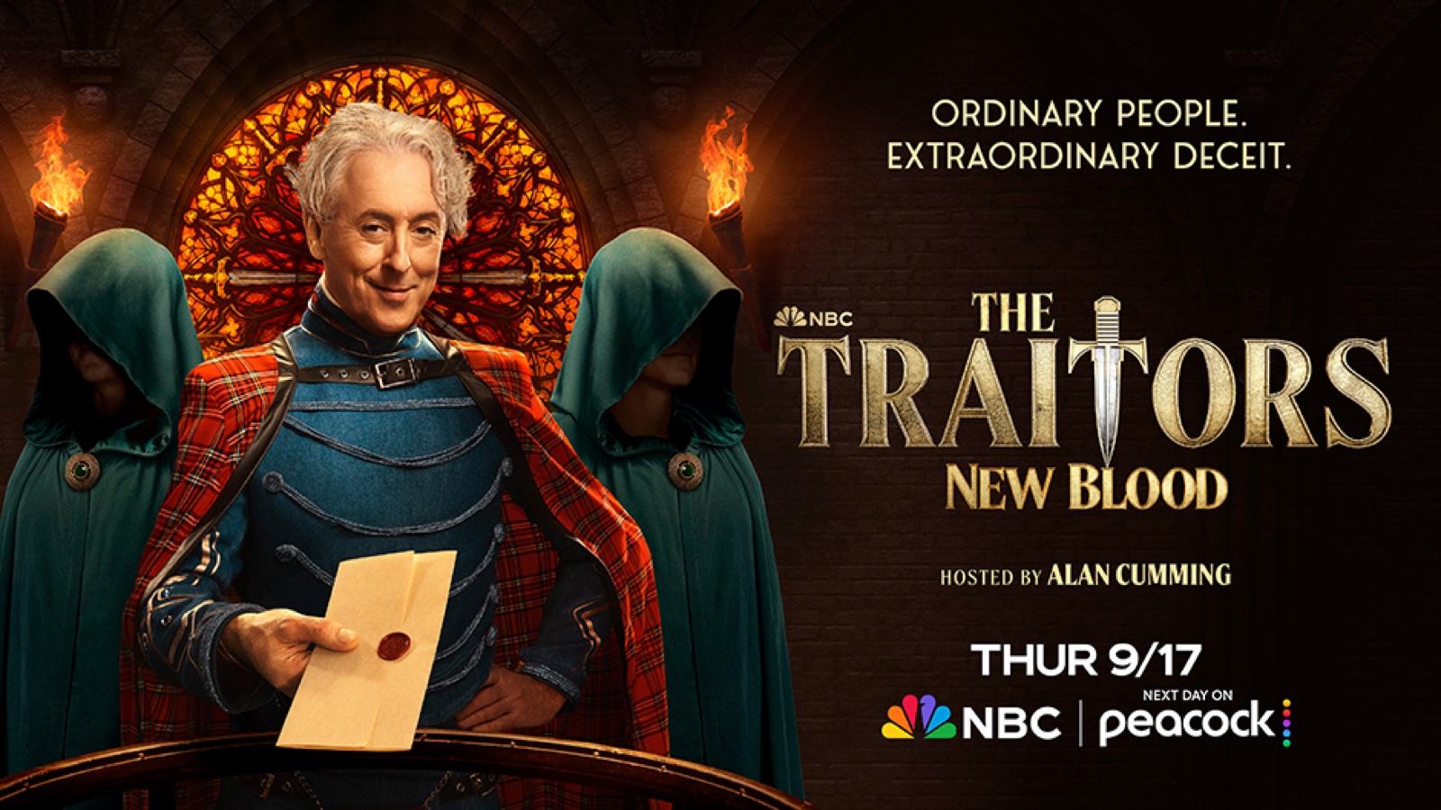 Promotional artwork for The Traitors: New Blood featuring host Alan Cumming.