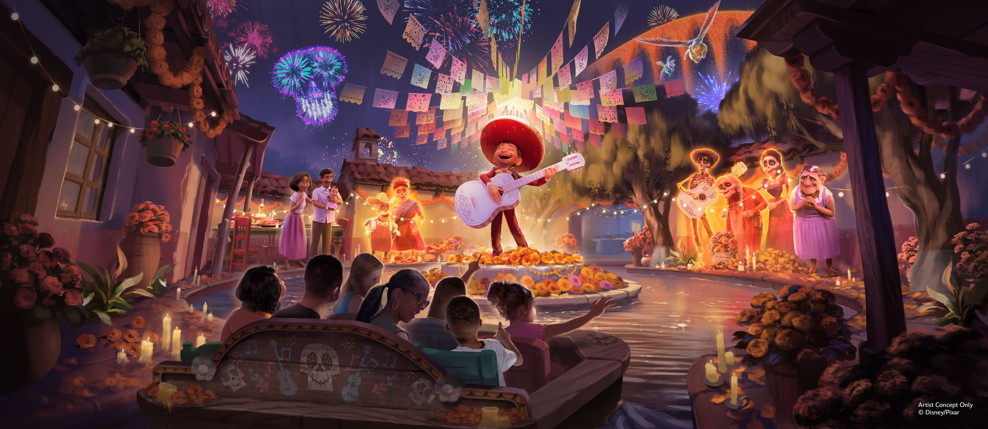 Guests aboard a boat as Miguel performs in concept art for the Coco attraction