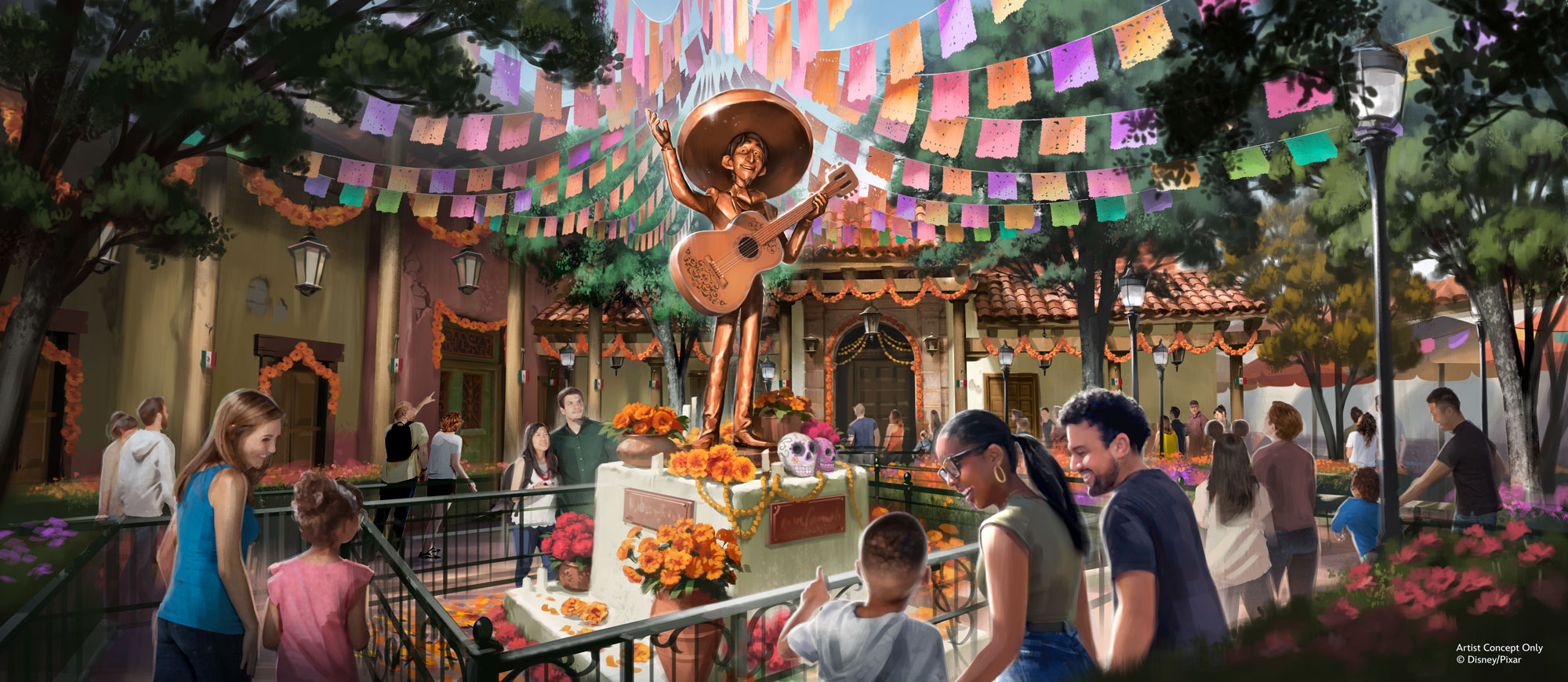 Entrance courtyard concept art with an Ernesto de la Cruz statue