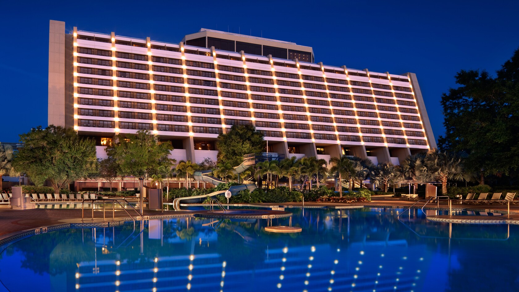 The Bay Lake side of Disney's Contemporary Resort at night