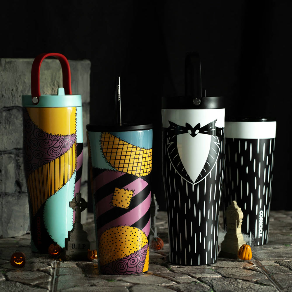Corkcicle Nightmare Before Christmas drinkware collection with Jack and Sally designs