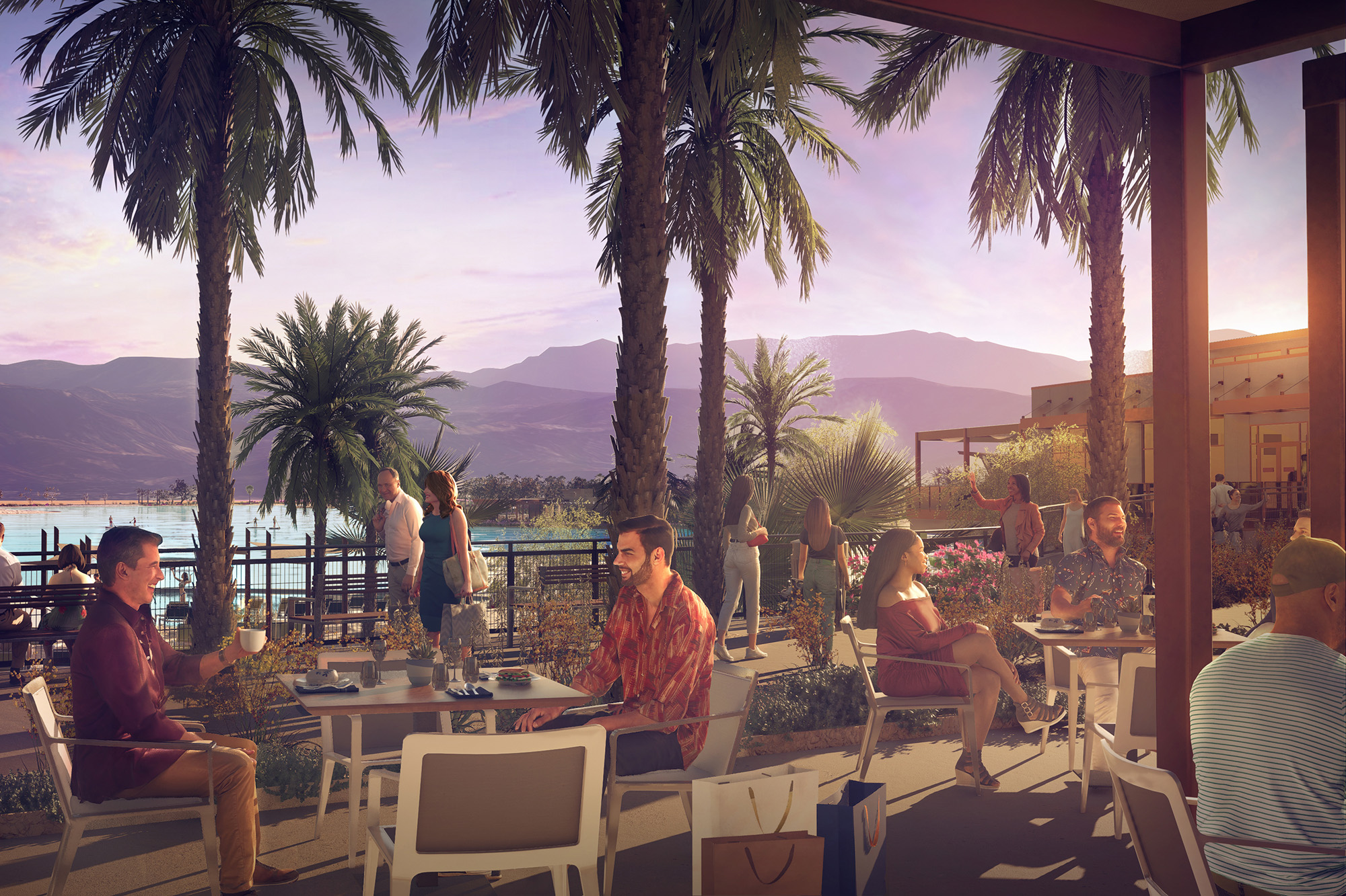 Concept art of waterfront dining beside Cotino Bay in Rancho Mirage