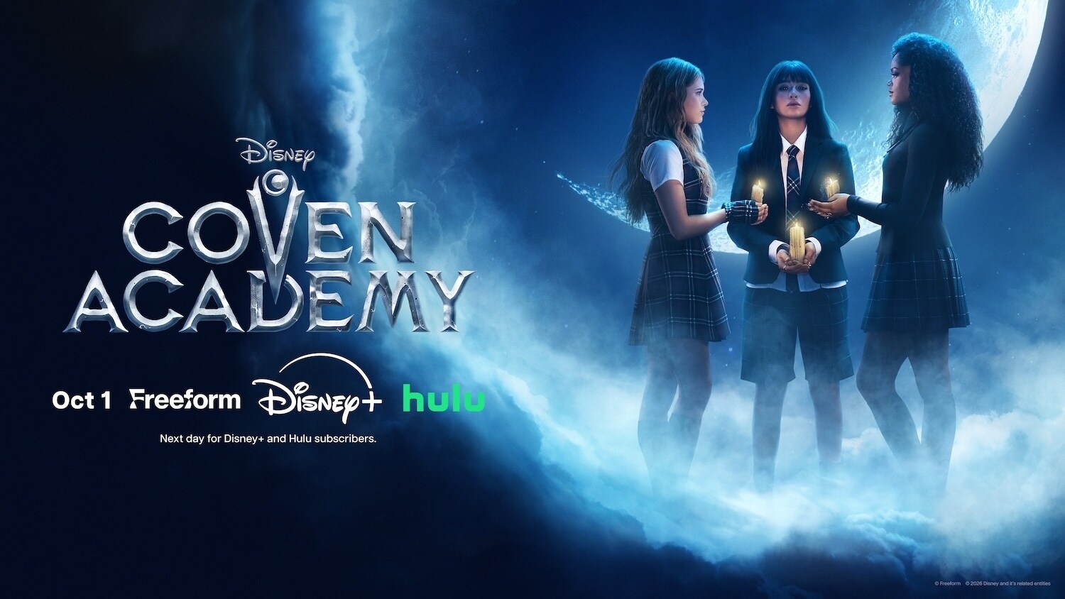 Coven Academy key art with three young witches beneath a full moon