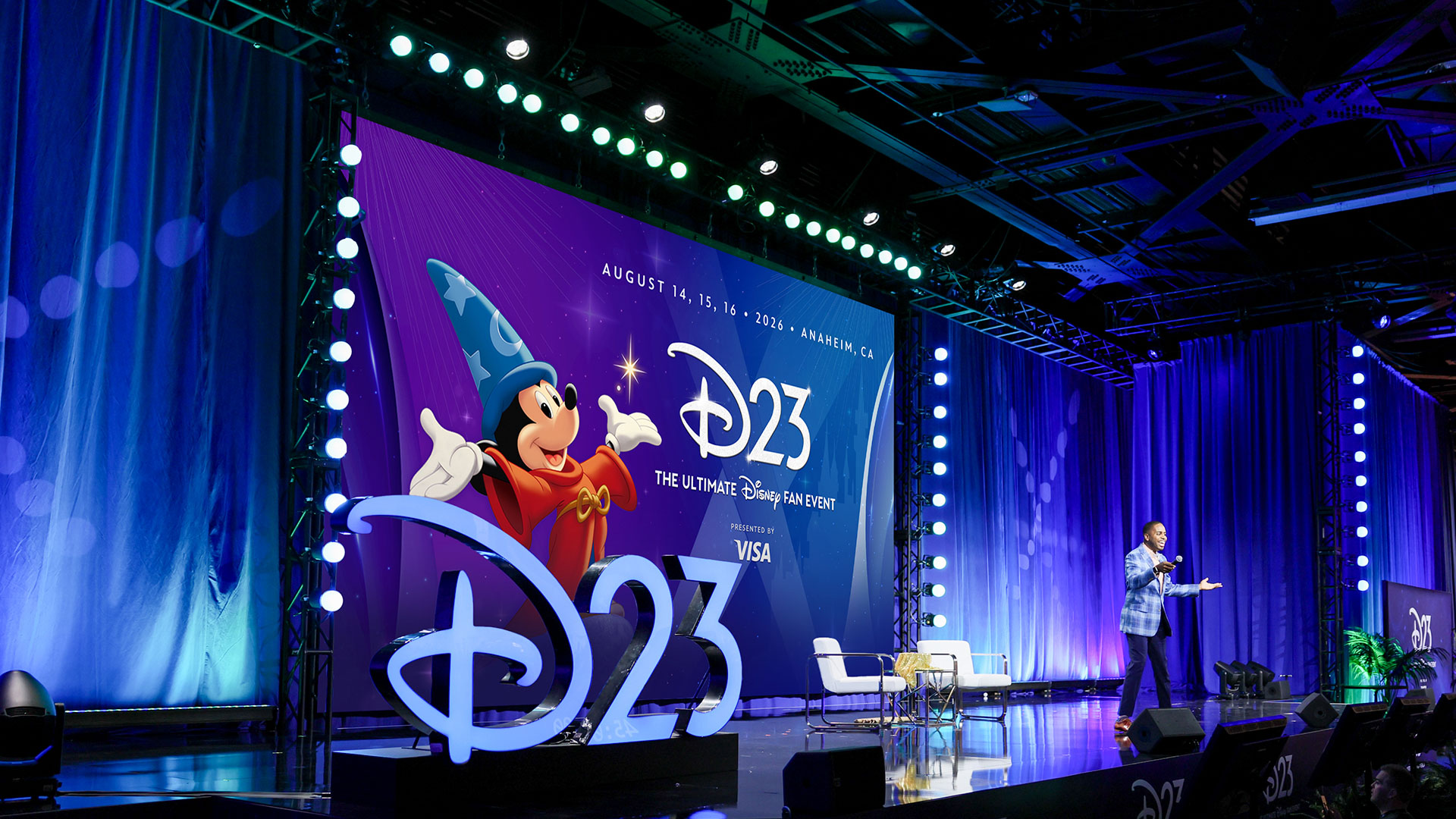 D23 stage with Sorcerer Mickey artwork at the 2026 Ultimate Disney Fan Event preview