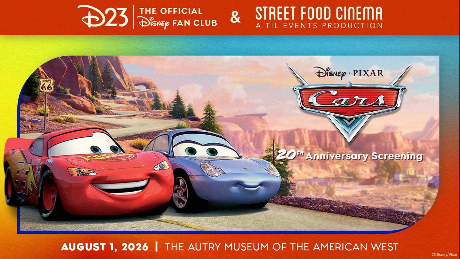 D23 and Street Food Cinema artwork for the Cars 20th anniversary screening