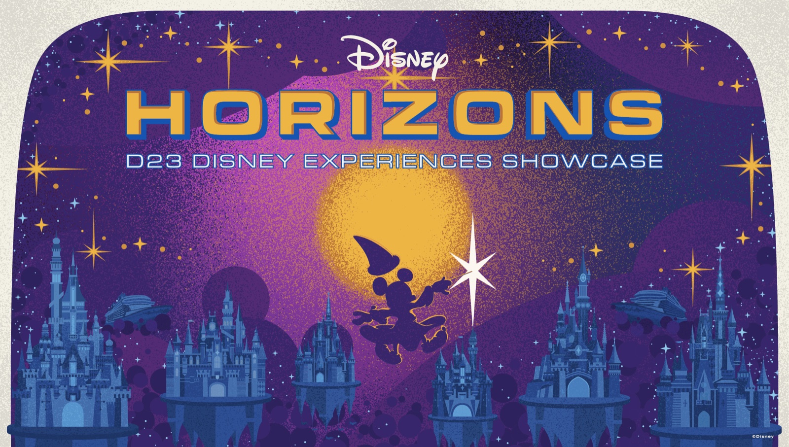 D23 Horizons showcase artwork with Spaceship Earth and Disney characters