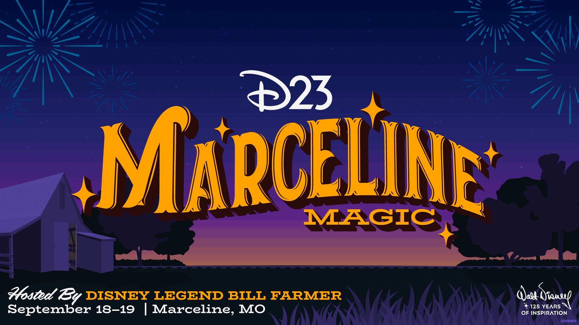 D23 Marceline Magic event art with fireworks for the Walt Disney 125 celebration