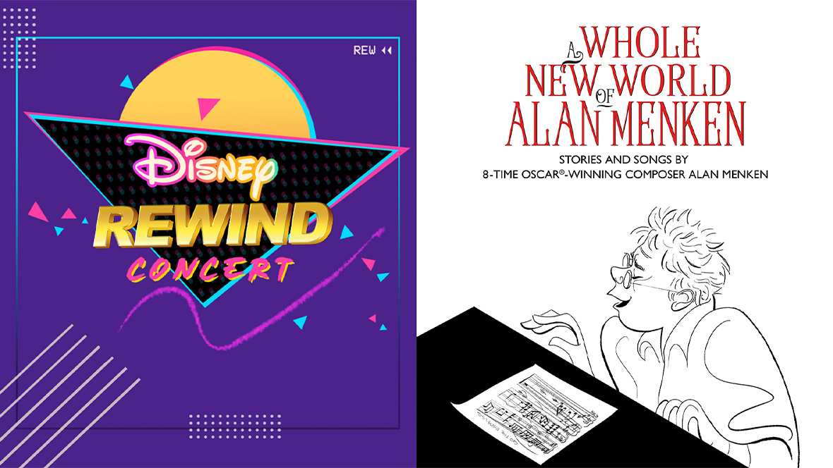 D23: The Ultimate Disney Fan Event afternoon programming artwork with Disney Rewind Concert and Alan Menken panels