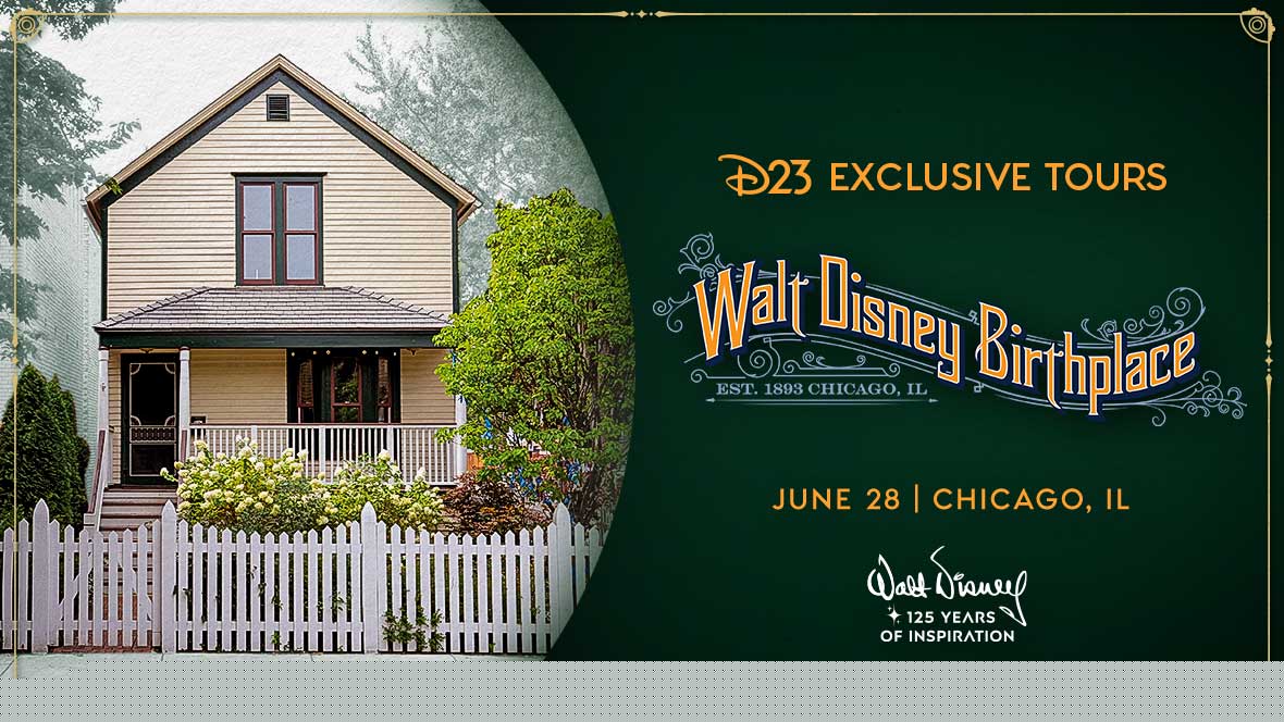 D23 promotional graphic for Walt Disney Birthplace tours in Chicago