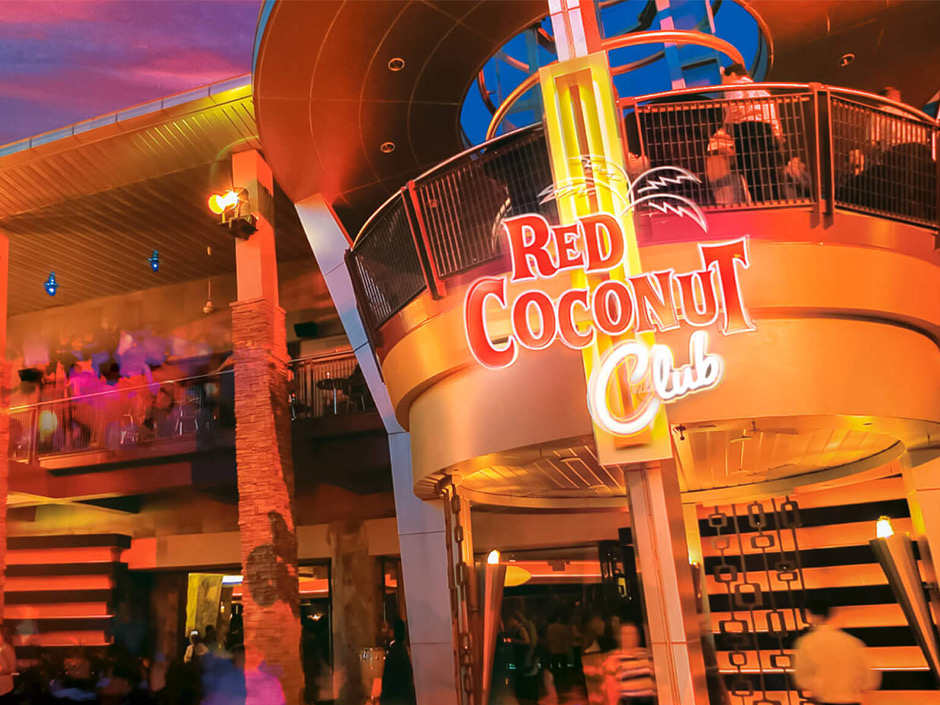 The illuminated Red Coconut Club entrance at Universal CityWalk