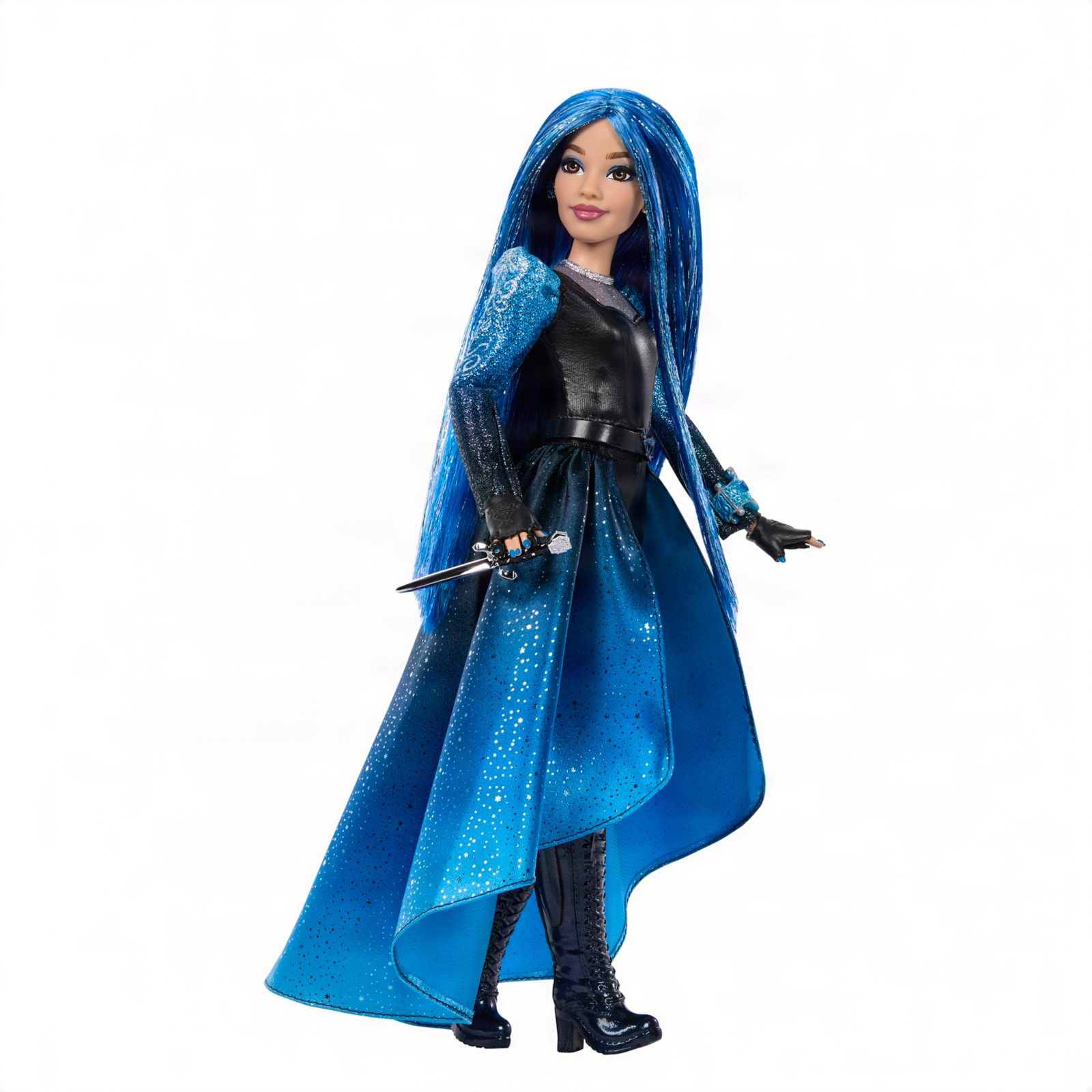 Chloe doll in a shimmery blue and black outfit